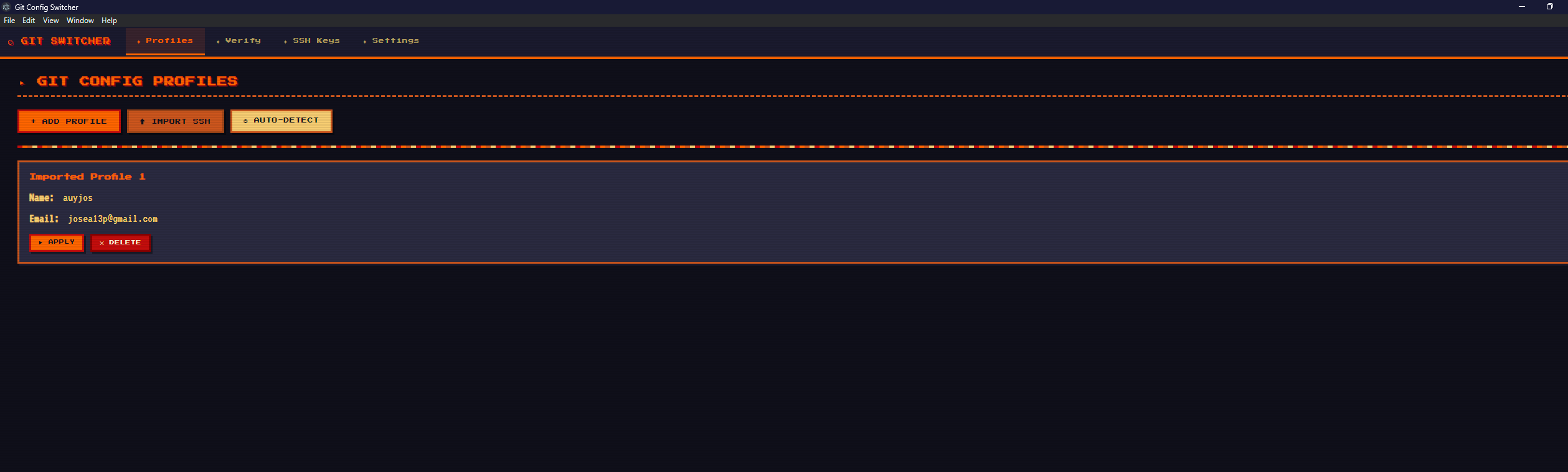 Captura del menu de bandeja de Git Profile Switcher